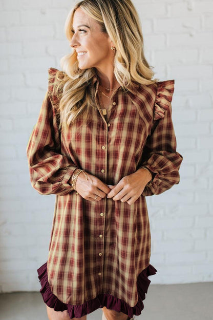 Red Plaid Print Ruffled Long Sleeve Patchwork Hem Mini Shirt Dress - Cowaa