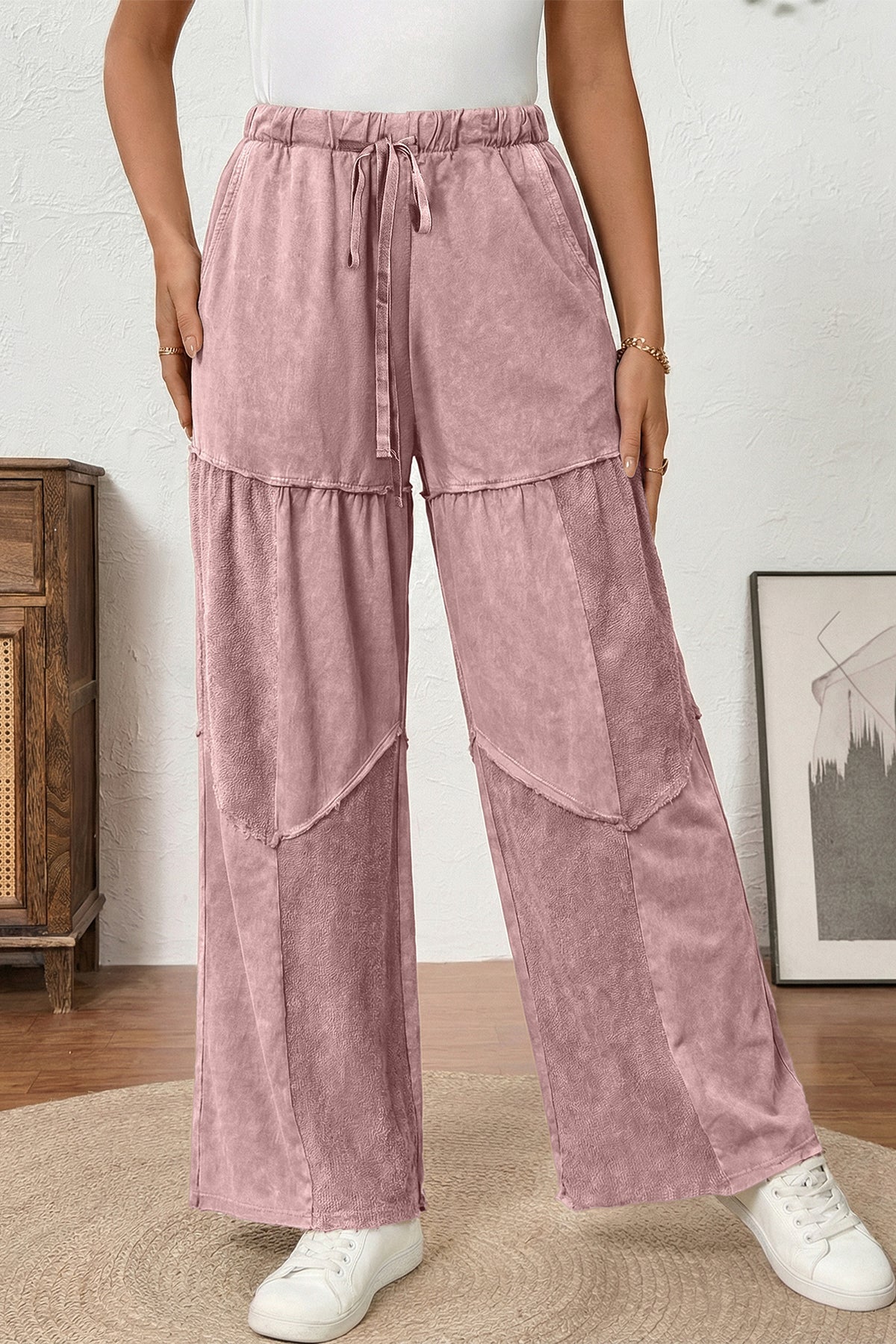 Straw Yellow Mineral Wash Tiered Wide Leg Patchwork Drawstring Pants - Cowaa