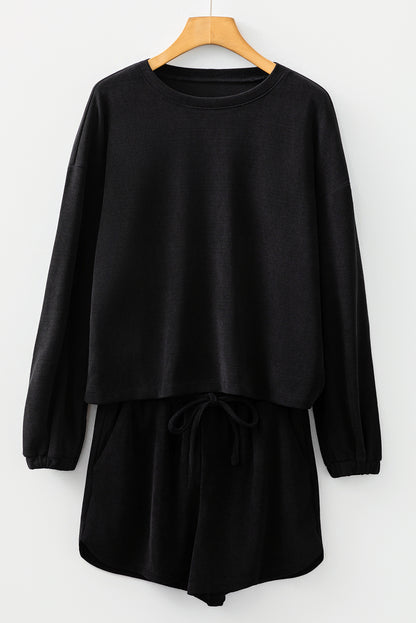 Black Solid Color Textured Knit Drop Shoulder Pullover Drawstring Shorts Set