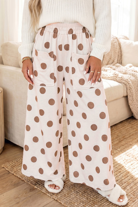 Khaki Polka Dot Wide Leg Elastic Waist Casual Pants