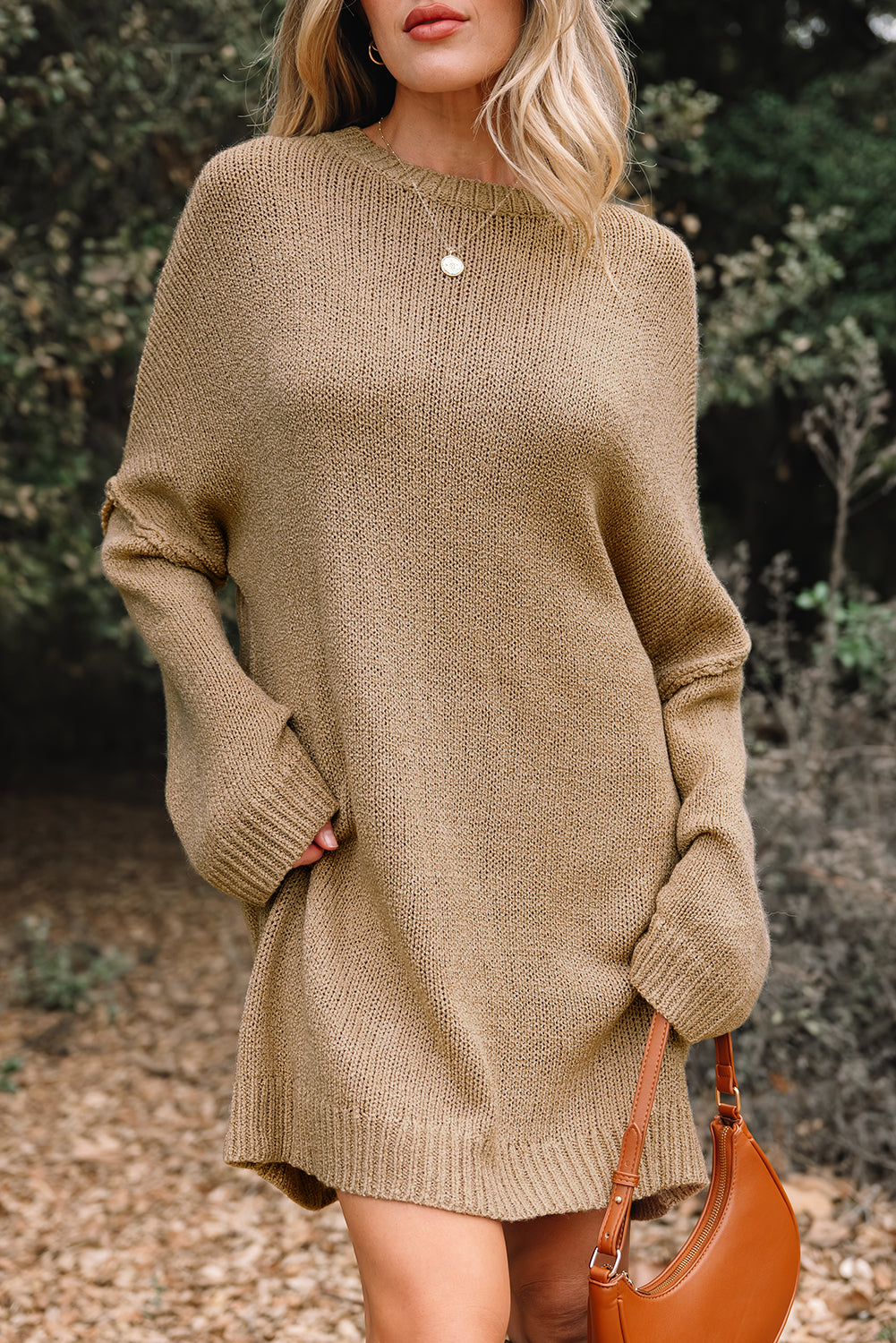 Pale Khaki Oversize Drop Shoulder Slouchy Sweater Dress - Cowaa