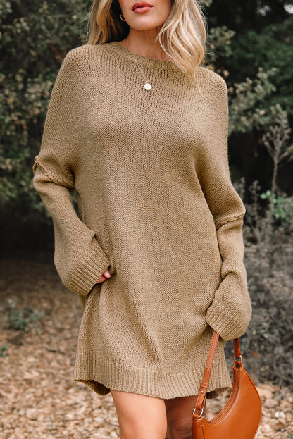 Pale Khaki Oversize Drop Shoulder Slouchy Sweater Dress - Cowaa