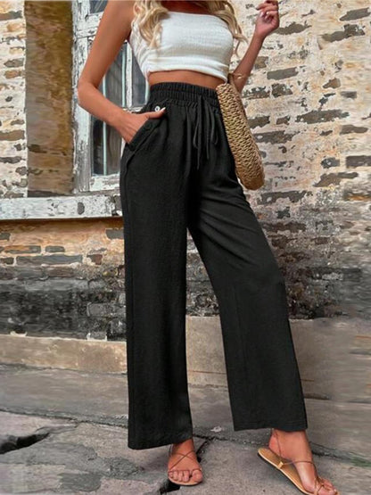 Tied High Waist Wide Leg Pants with Pockets - Cowaa