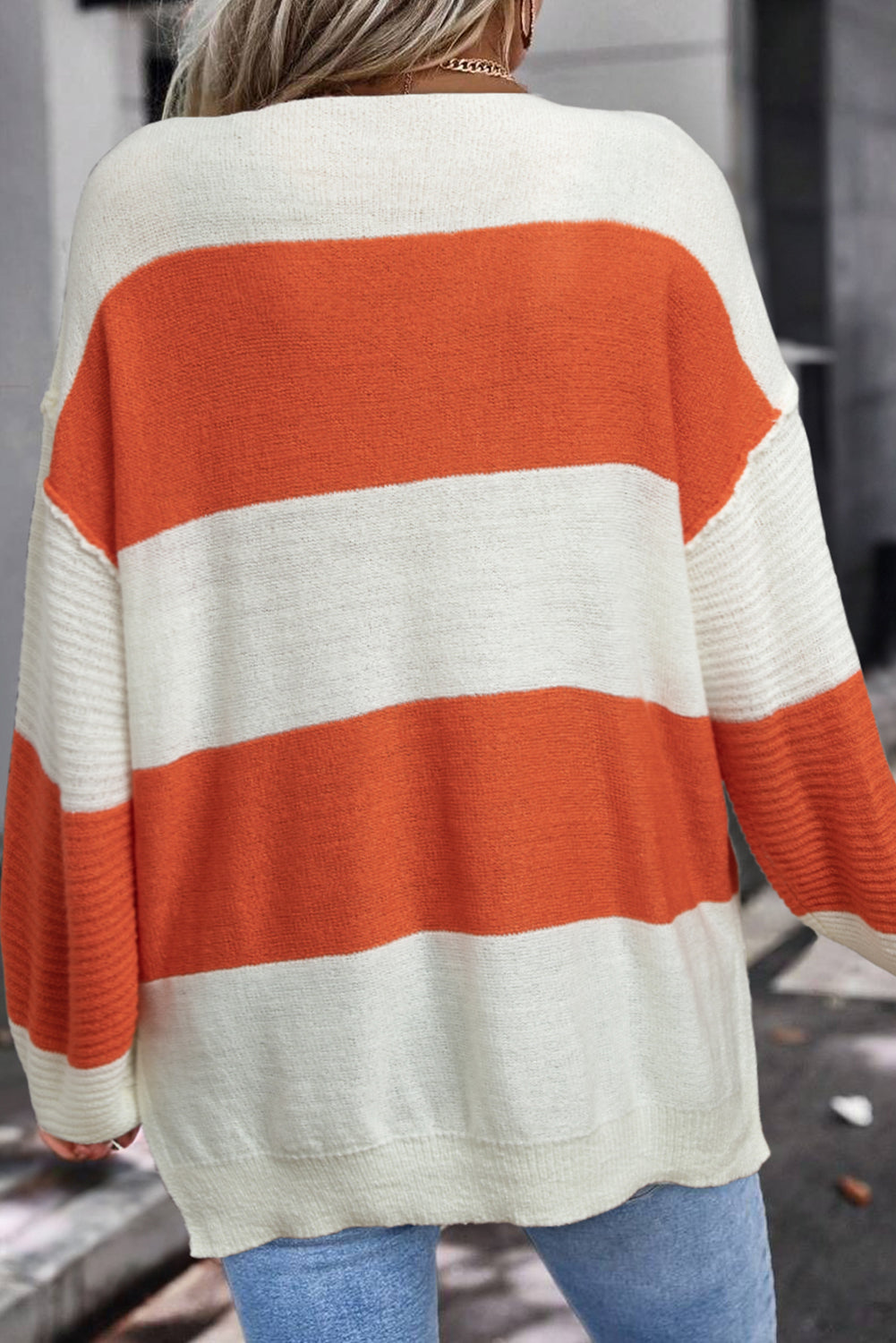 Red Stripe Colorblock V Neck Side Slits Sweater - Cowaa