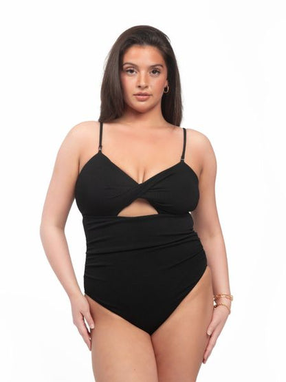 Plus Size Black Ruched One Piece - Cowaa