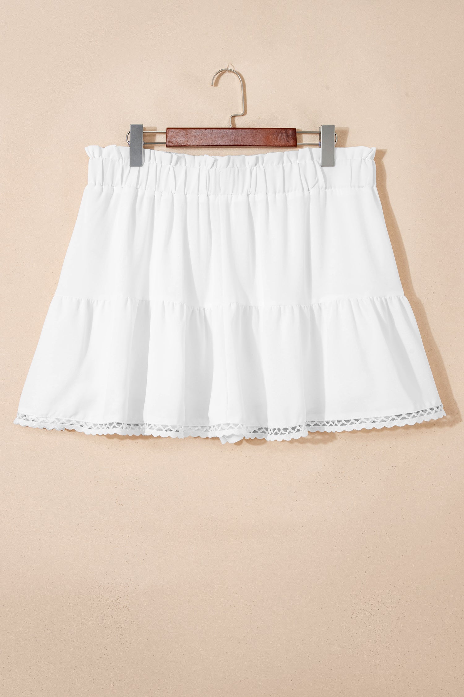 White Plus Size Frilled Elastic Waist Lace Trim Boho Ruffled Shorts - Cowaa