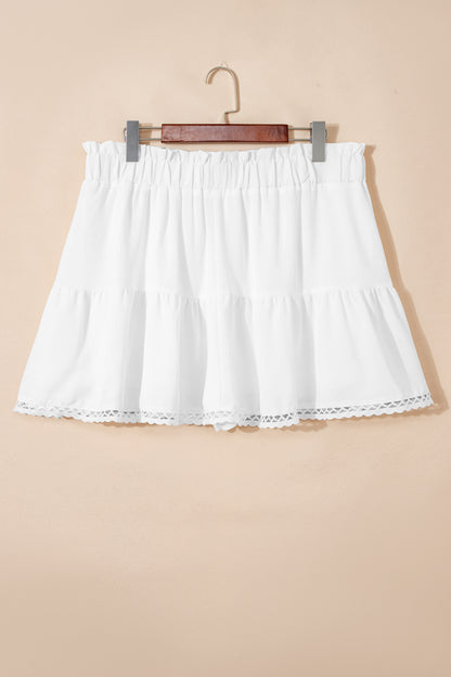 White Plus Size Frilled Elastic Waist Lace Trim Boho Ruffled Shorts - Cowaa