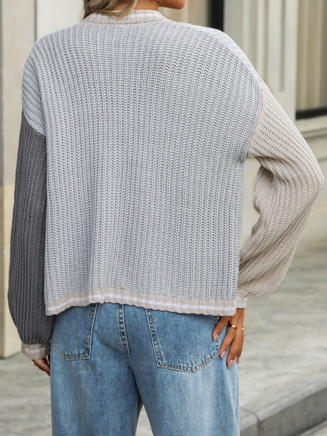 Contrast Open Front Long Sleeve Cardigan - Cowaa
