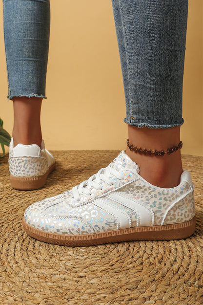 White PU Leather Detail Shimmer Leopard Printed Lace-up Sneakers - Cowaa