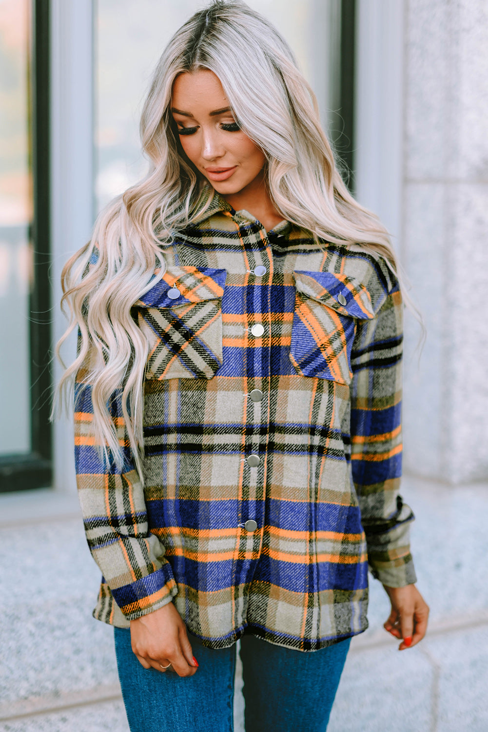 Plaid Button Front Pocket Shirt Shacket - Cowaa