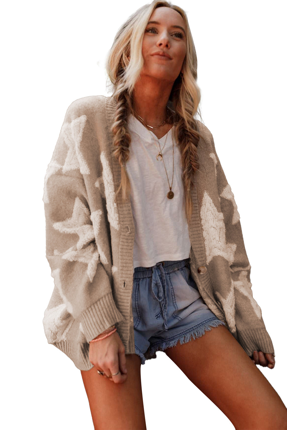 Khaki Star Pattern Pockets Button Front Cardigan - Cowaa