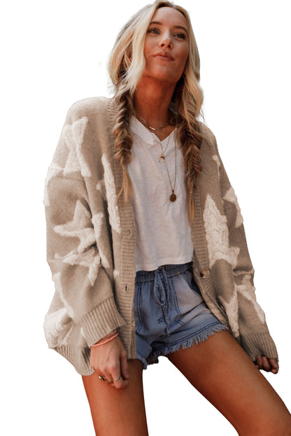 Khaki Star Pattern Pockets Button Front Cardigan - Cowaa