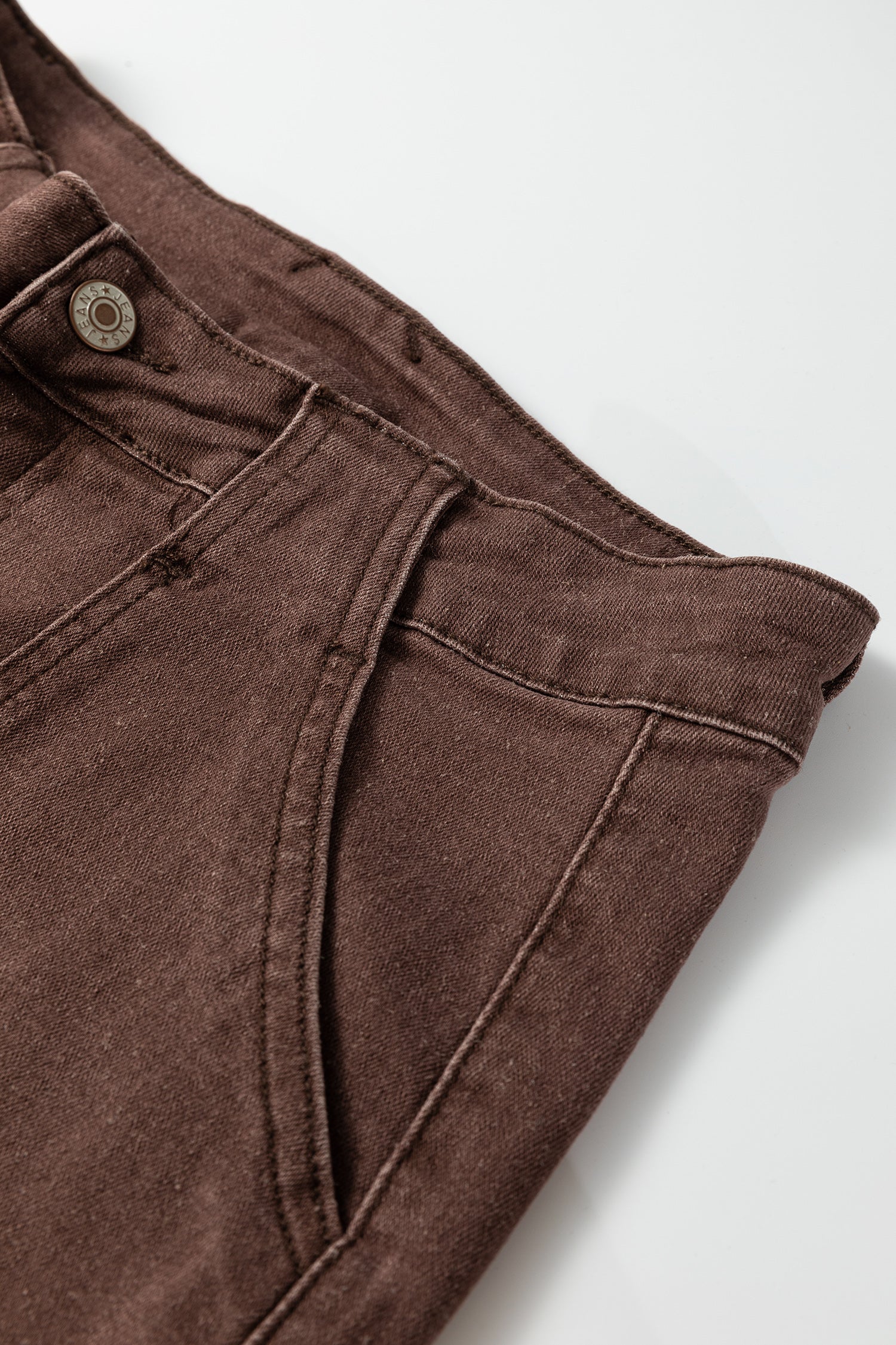 Dark Brown Retro Washed Patch Pocket Wide Leg Loose Jeans - Cowaa