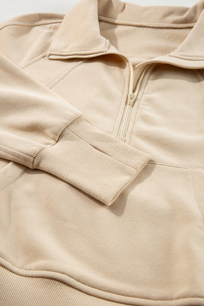 Brown Zip Up Stand Collar Thumbhole Sleeve Sweatshirt - Cowaa