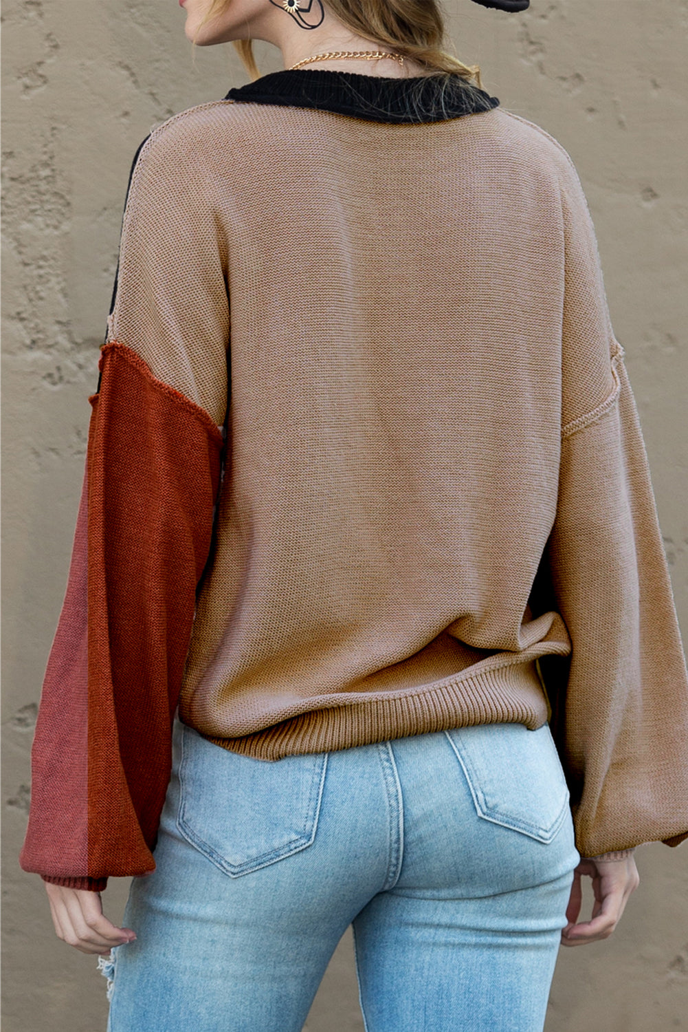 Bishop Sleeve Exposed Seam Ribbed Trim Sweater - Cowaa