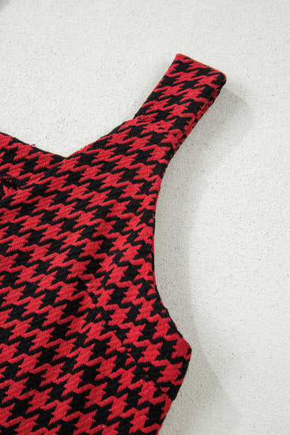 Red Houndstooth Print V Neck Sleeveless Mini Dress - Cowaa