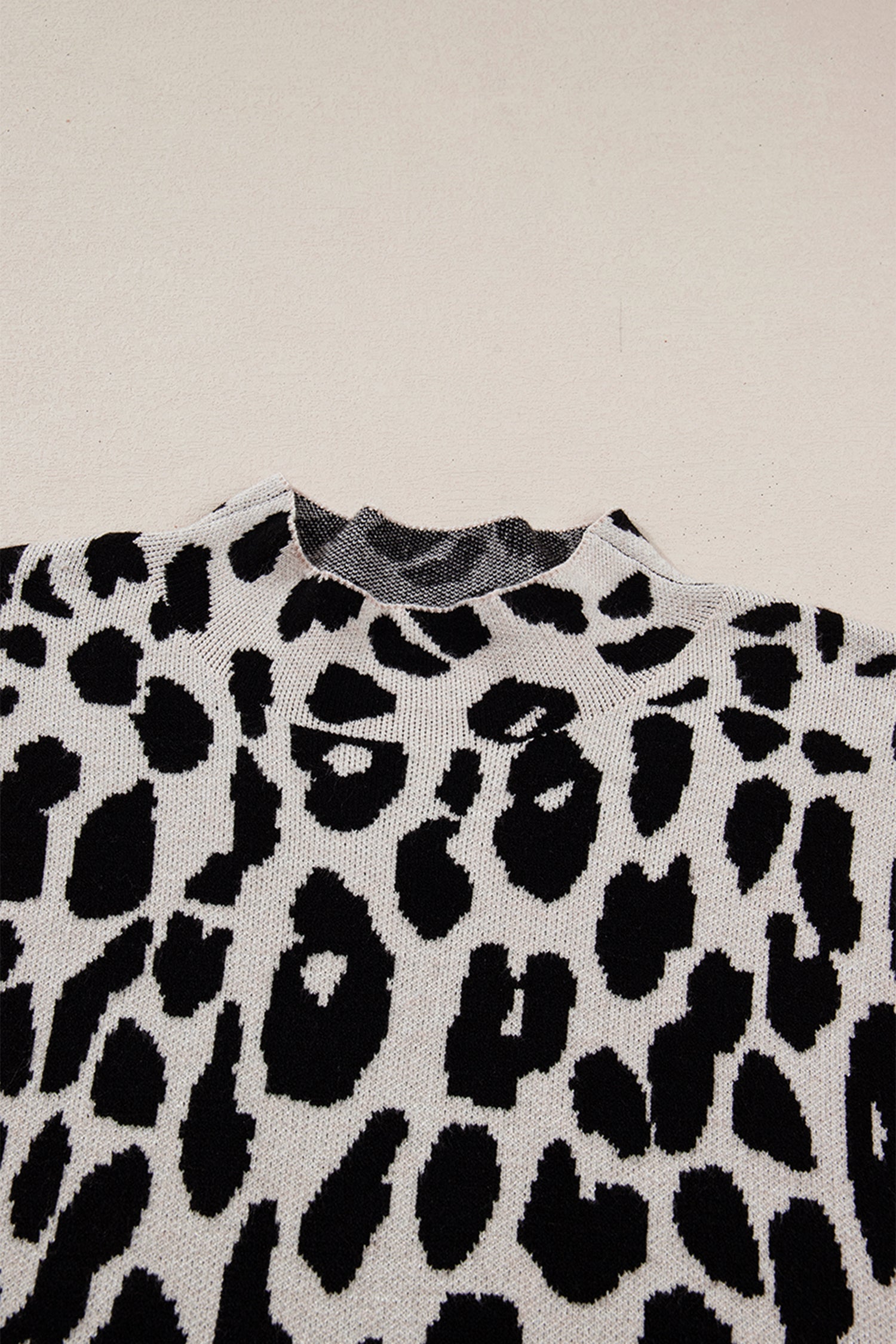 Black Plus Size Leopard Print High Neck Short Sleeve Sweater - Cowaa