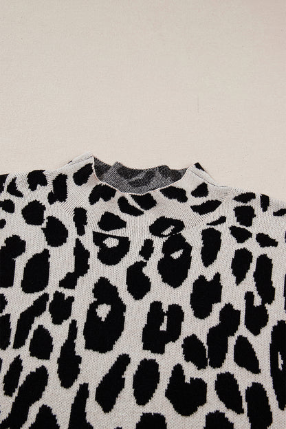 Black Plus Size Leopard Print High Neck Short Sleeve Sweater - Cowaa