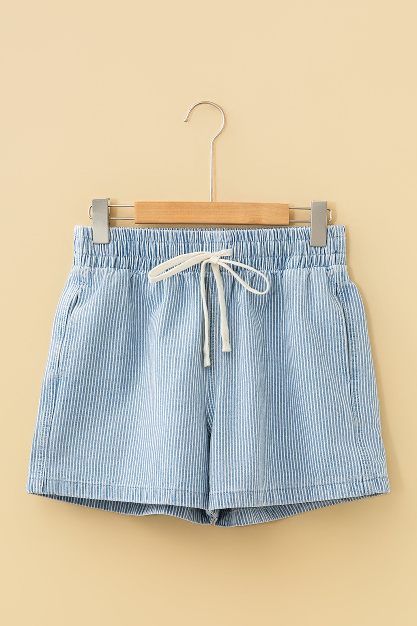 Sky Blue Stripe Drawstring Elastic Waist Casual Denim Shorts - Cowaa