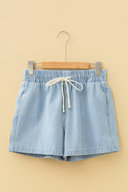 Sky Blue Stripe Drawstring Elastic Waist Casual Denim Shorts - Cowaa