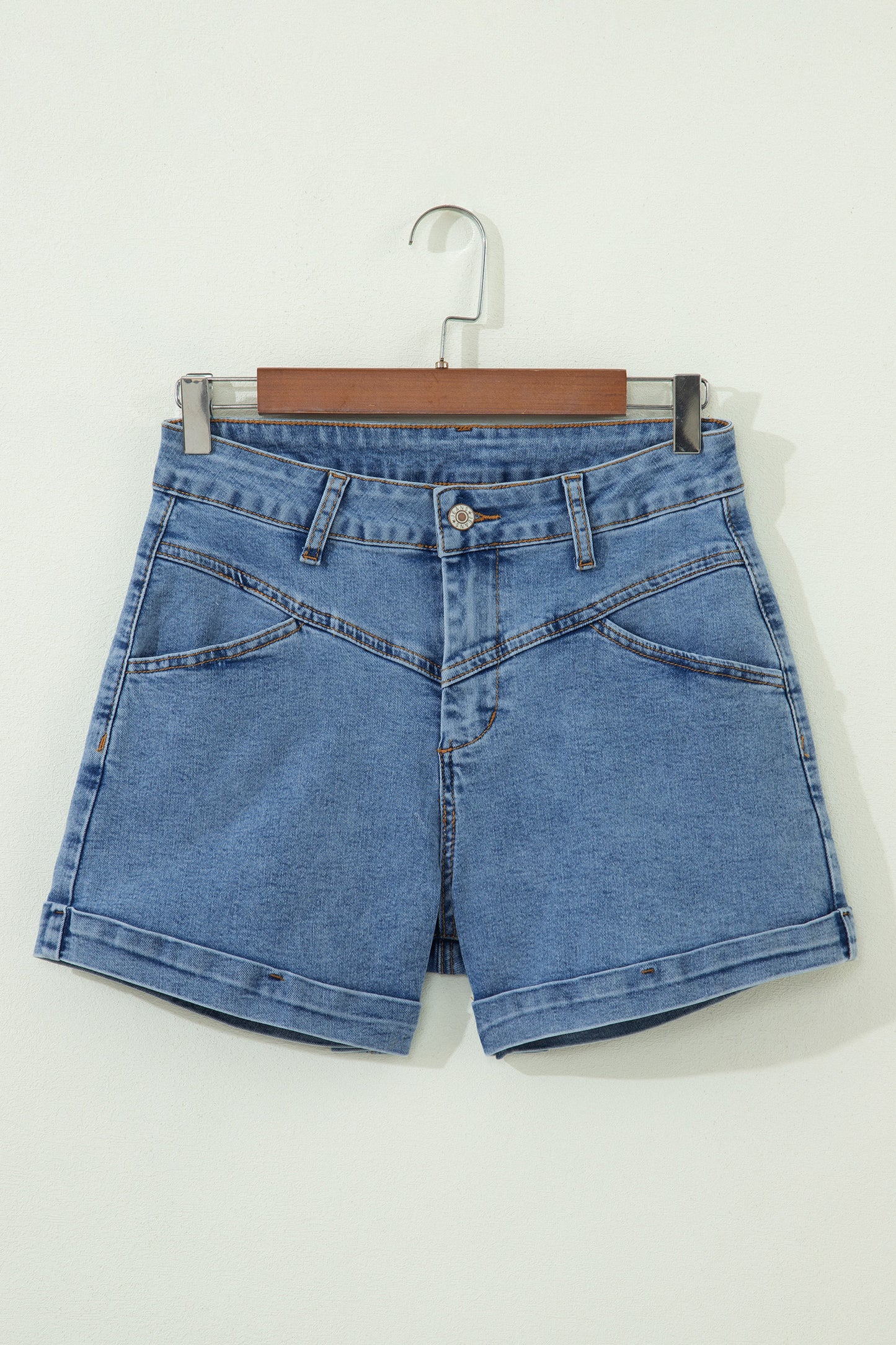 Ivy Seam Detail Pocketed Cuffed Hem Denim Shorts - Cowaa