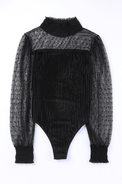Sheer Dotty Puff Sleeve Ribbed Velvet Bodysuit - Cowaa