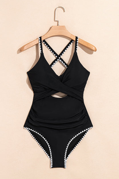 Black Ric Rac Trim Contrasted Patchwork Cutout One Piece Swimsuit - Cowaa