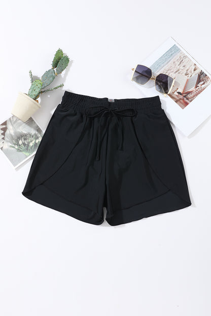 Black Solid Color 2-in-1 Drawstring Elastic Waist Swim Shorts