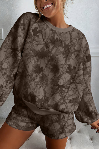 Brown Camouflage Print Round Neck Drop Sleeve Shorts Set - Cowaa
