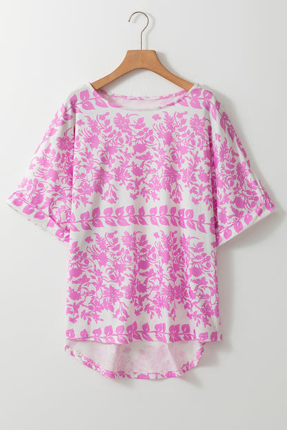 Pink Floral Printed Curved Hem Plus Size T Shirt