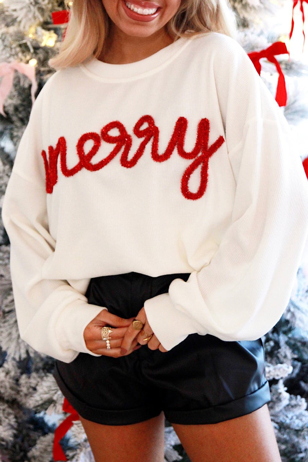 White Merry Tinsel Letter Pattern Ribbed Drop Shoulder Sweatshirt