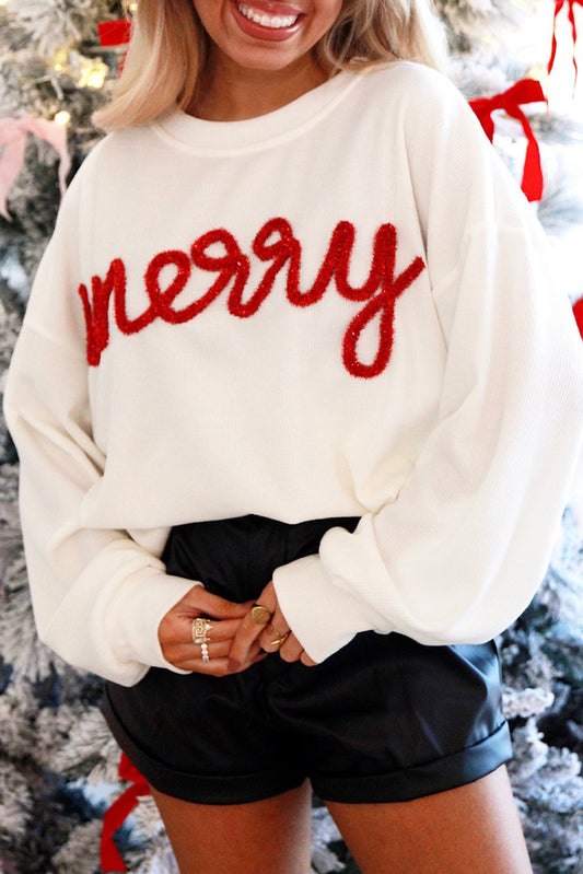 White Merry Tinsel Letter Pattern Ribbed Drop Shoulder Sweatshirt