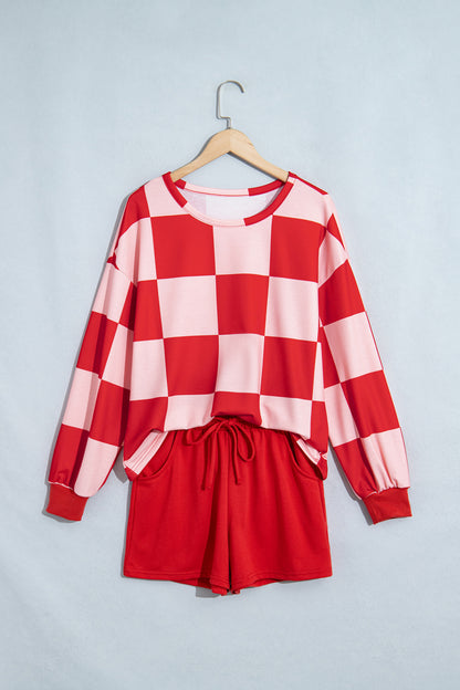 Black Checkerboard Plaid Long Sleeve Solid Color Shorts 2pcs Set