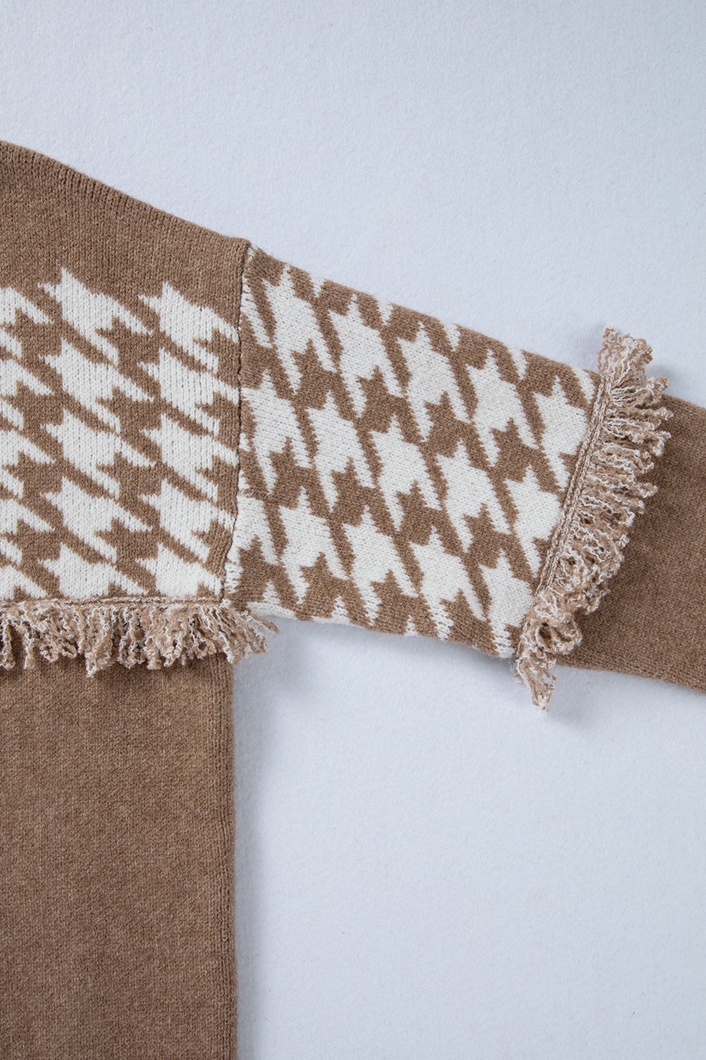 Khaki Houndstooth Color Block V Neck Raw Edge Button Front Cardigan