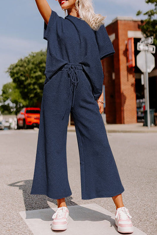 Navy Blue Textured Loose Fit T Shirt and Drawstring Pants Set - Cowaa