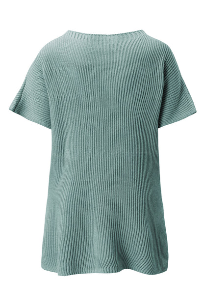 Rose Red Side Slit Short Sleeve Oversized Sweater - Cowaa