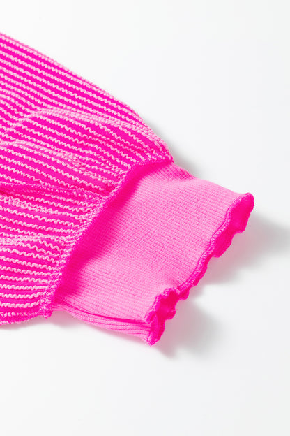 Rose Red Drop Shoulder Uneven Hem Plus Size Twisted Rib Top - Cowaa