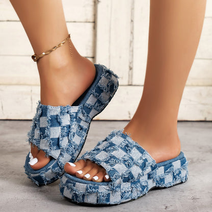 Plaid PU Leather Platform Sandals - Cowaa