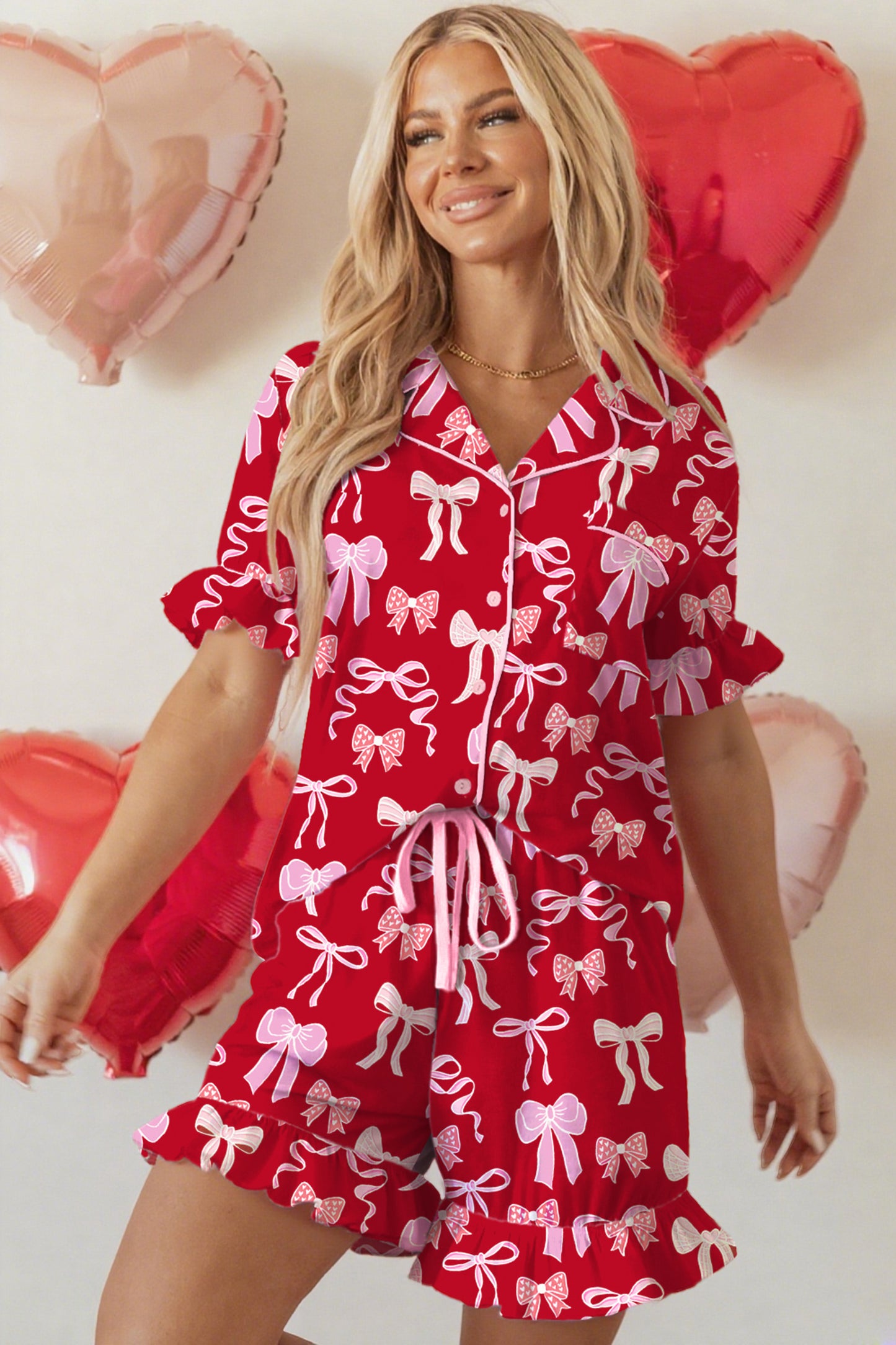 Red Sweet Bow Print Ruffled Short Sleeve Shirt Shorts 2pcs Pajama Set - Cowaa