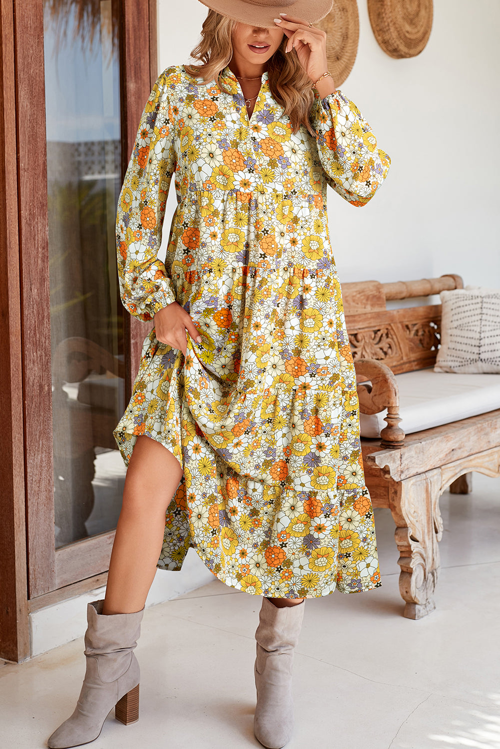 Multicolor Boho Floral Collared Long Sleeve Dress - Cowaa