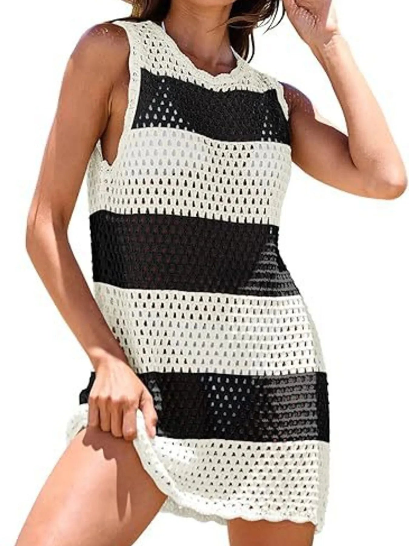 Color Block Openwork Sleeveless Cutout Back Cover-Up.