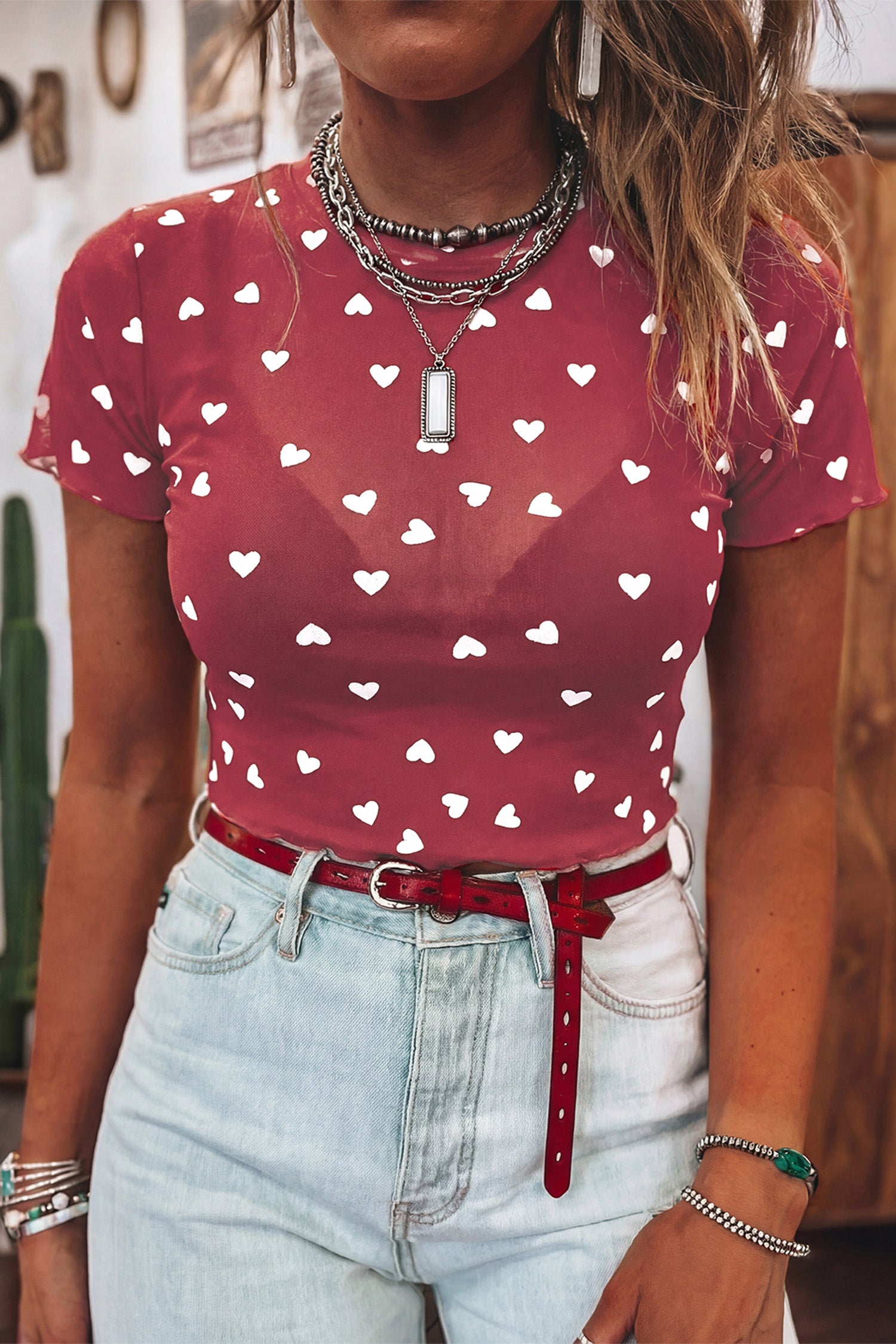 Racing Red Allover Heart Print Mesh Short Sleeve Top - Cowaa