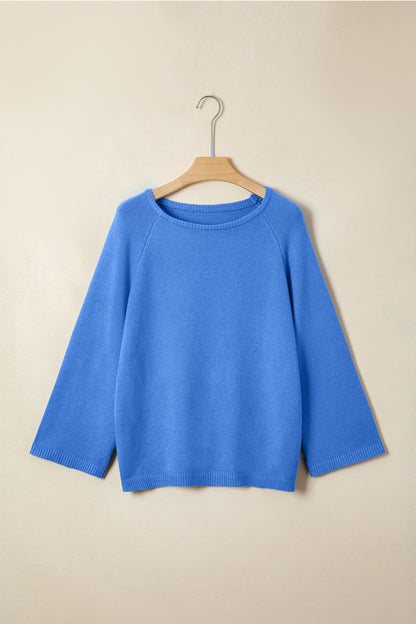 Sky Blue Solid Color Knit Loose Bracelet Sleeve Dolman Sweater