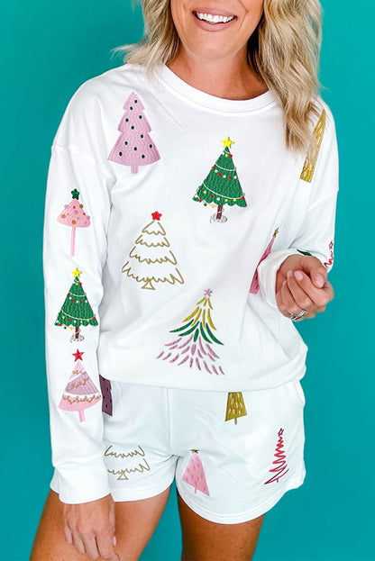 White Christmas Tree Long Sleeve Top and Shorts Pajama Set - Cowaa