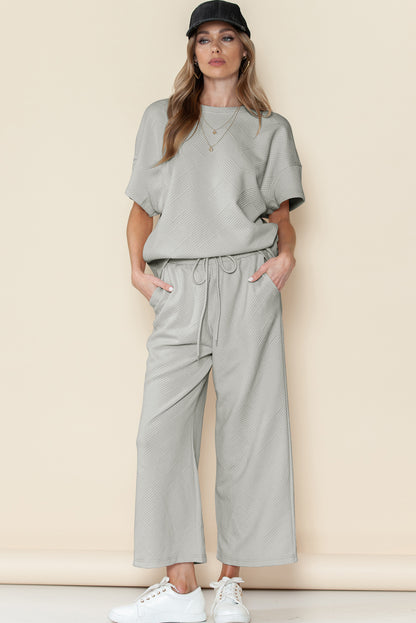 Navy Blue Textured Loose Fit T Shirt and Drawstring Pants Set - Cowaa