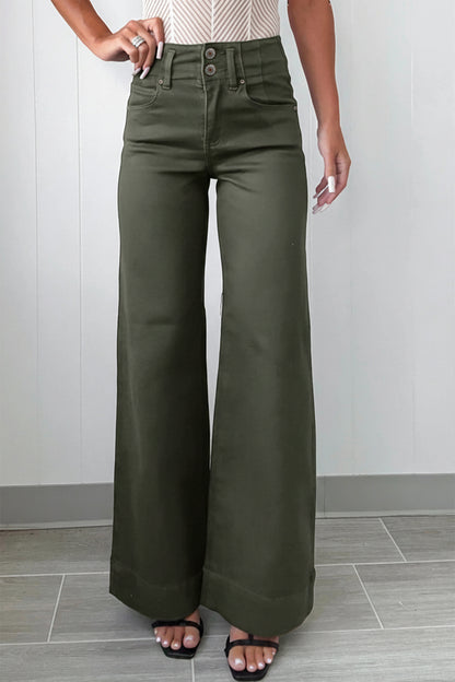 Mist Green 2-Button High Waist Flared Bottom Jeans.