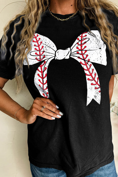 Gray Casual Baseball Bowknot Graphic Roll Up Sleeve Tee - Cowaa