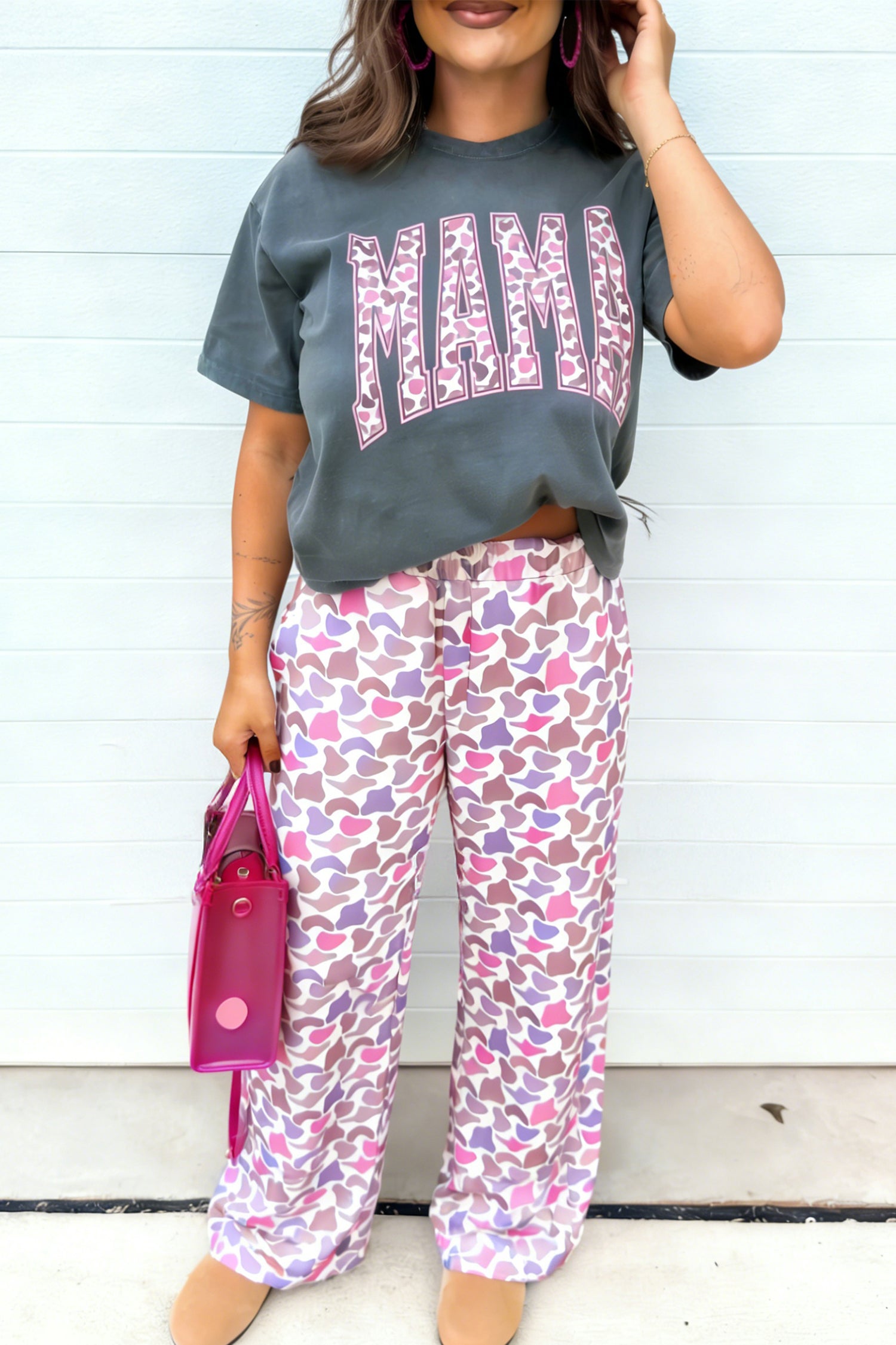 Medium Grey MAMA Letter Graphic Tee Camouflage Print Loose Pant Set - Cowaa