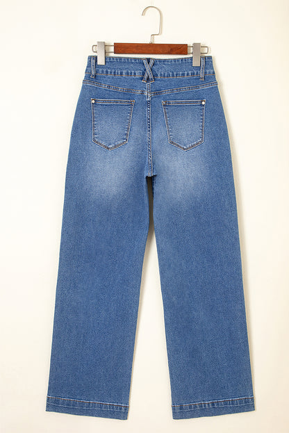 Sky Blue Double Button Zip Fly Straight Leg Jeans