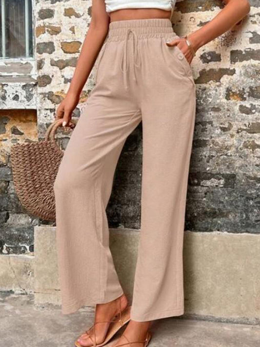 Tied High Waist Wide Leg Pants with Pockets - Cowaa